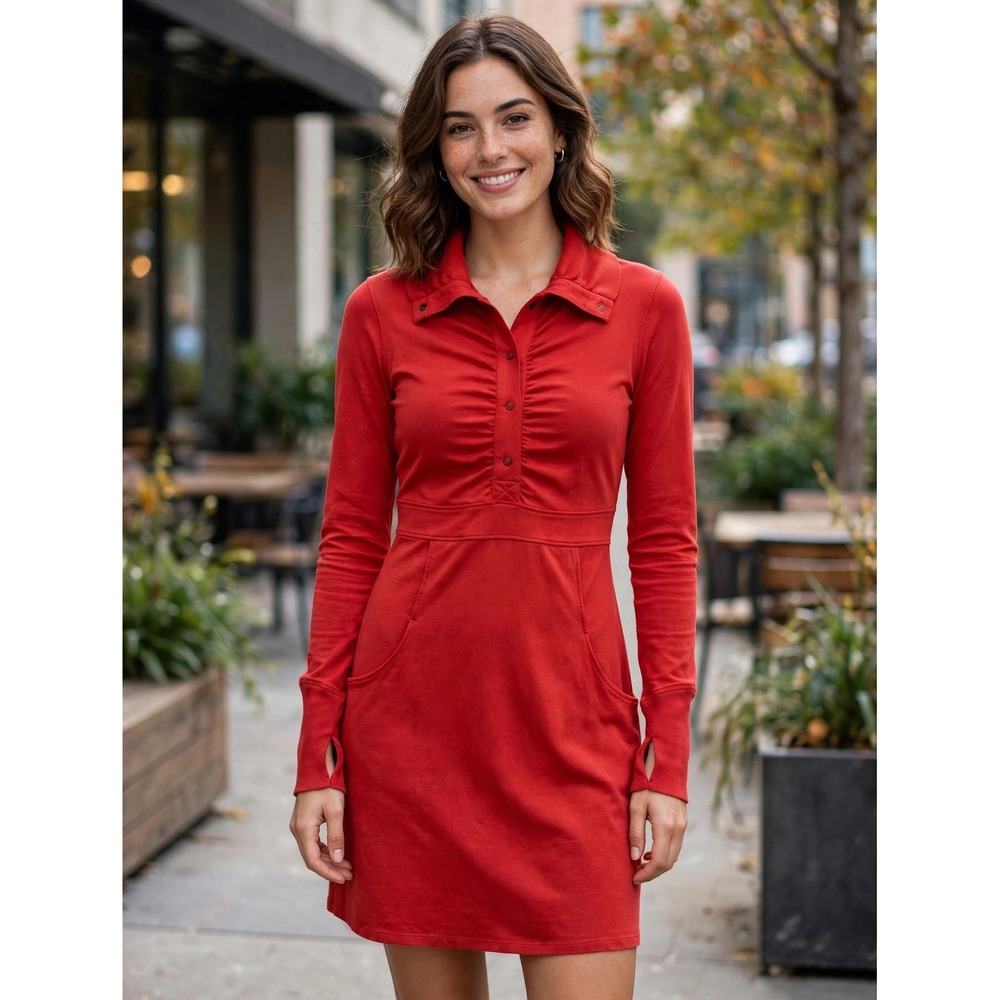 Athleta Red Organic Cotton Snap Front Ruched Pocket Dress 929680 Small